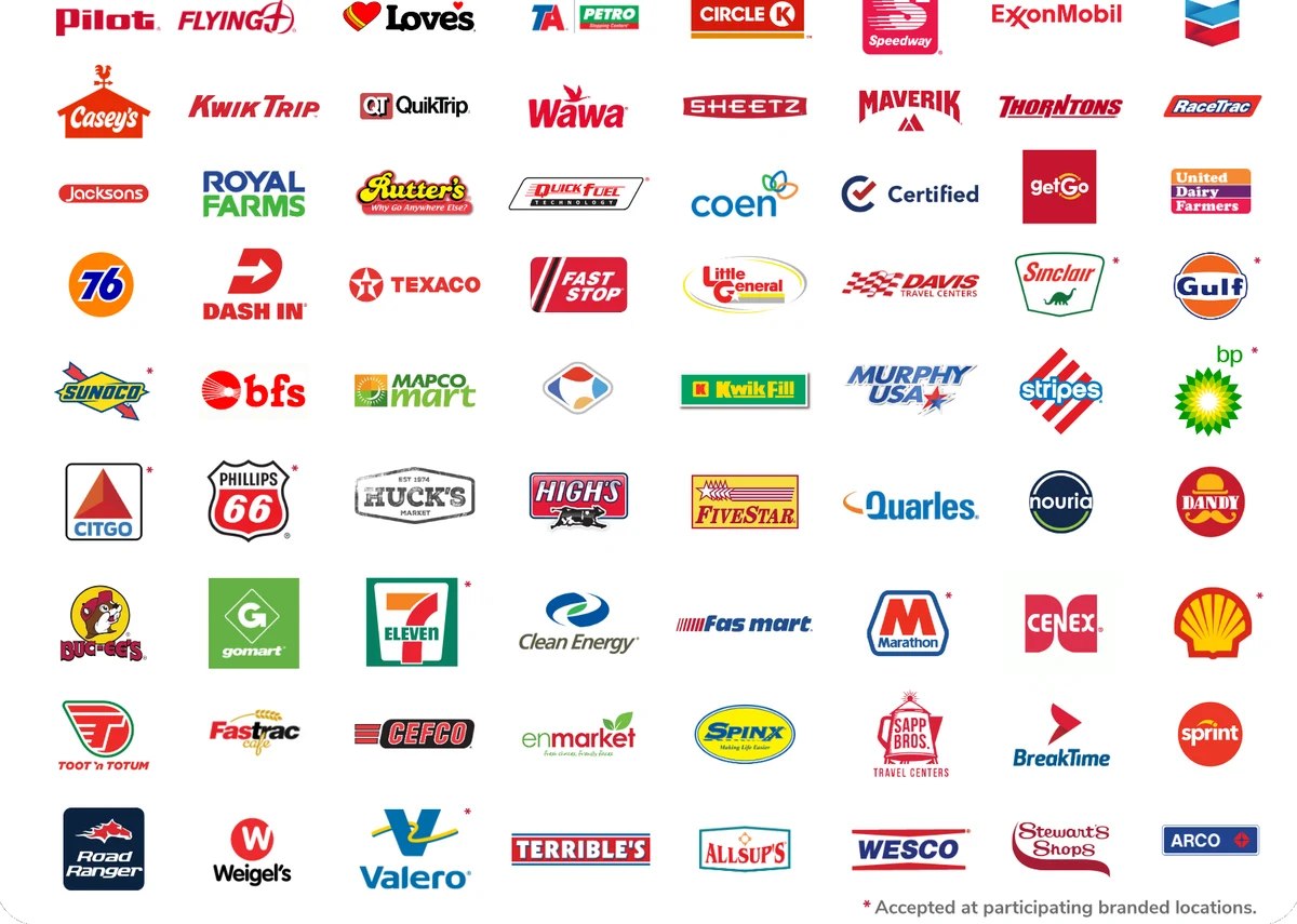 Fuel brands accepted through the Fuelman Network, including major truck stops, national oil brands, regional chains, and independent fueling locations.