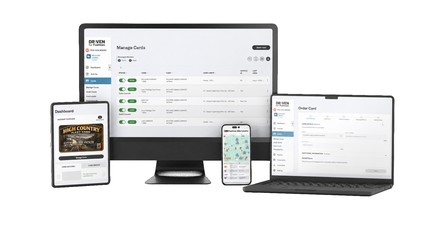 The Driven for Fuelman portal and mobile app shown across desktop, laptop, tablet, and phone — Manage Cards, a Dashboard featuring the High Country Fleet Card, the Fuelman Site Locator, and Order Card.