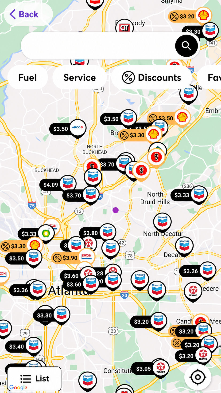 The Fuelman Site Locator app showing accepting fuel stations and live prices across a city map, with brand pins and filter tabs.